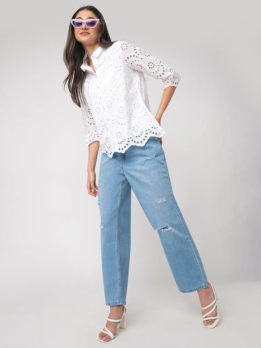 Women Blue High-Rise Loose Straight