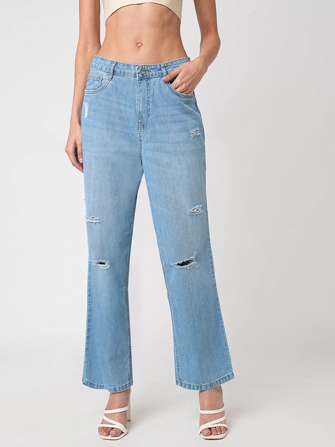 Women Blue High-Rise Loose Straight