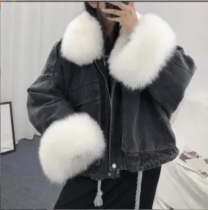 Women Winter Thick Warm Fur Denim Jacket Faux Fox Fur Collar Rex Rabbit Liner Sleeve Loose