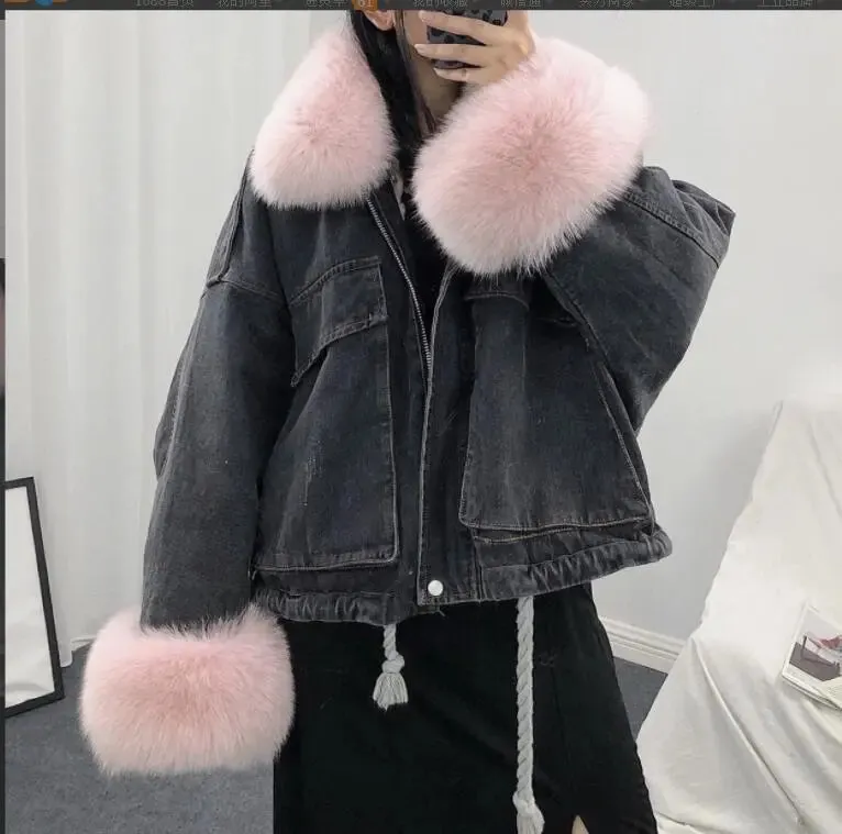Women Winter Thick Warm Fur Denim Jacket Faux Fox Fur Collar Rex Rabbit Liner Sleeve Loose