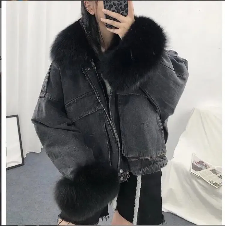 Women Winter Thick Warm Fur Denim Jacket Faux Fox Fur Collar Rex Rabbit Liner Sleeve Loose