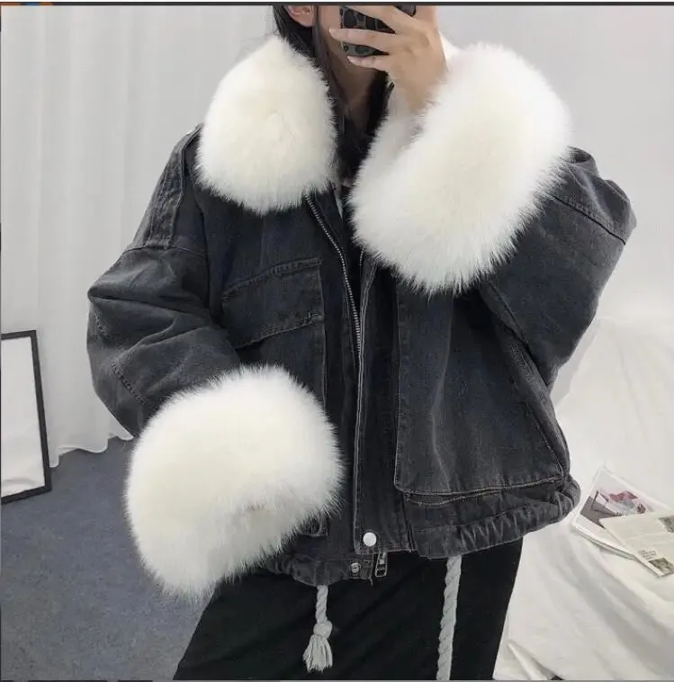 Women Winter Thick Warm Fur Denim Jacket Faux Fox Fur Collar Rex Rabbit Liner Sleeve Loose
