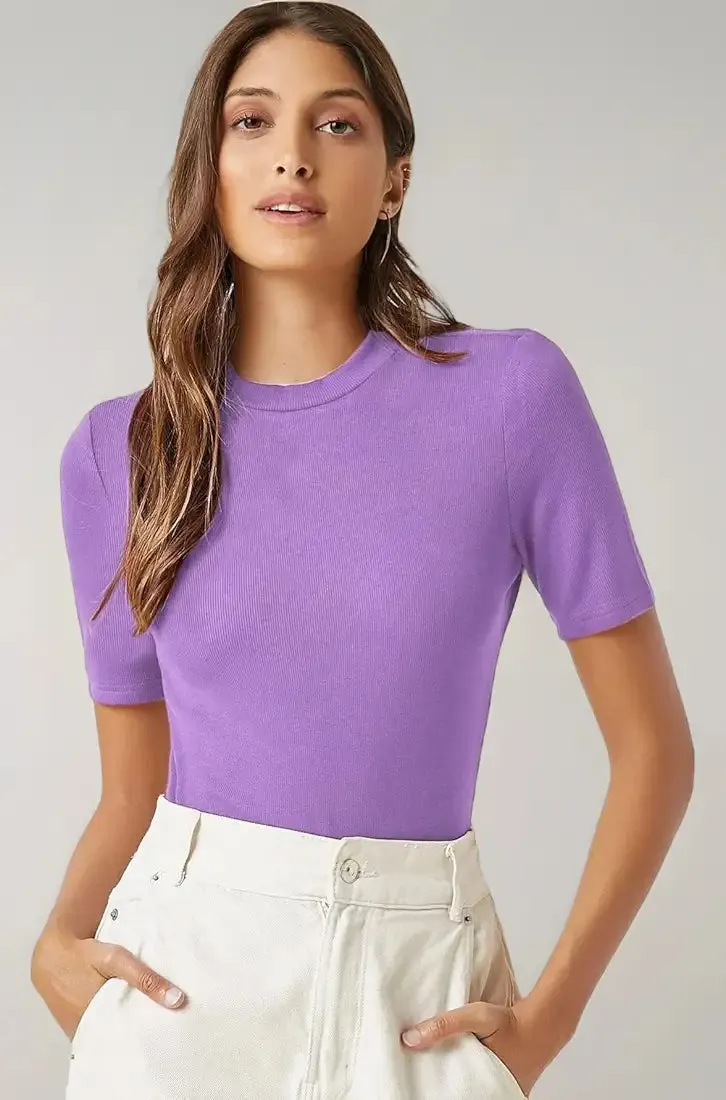 Women's Cotton Blend Lycra Ribbed Solid Half Sleeve Round Neck Regular Fit Top