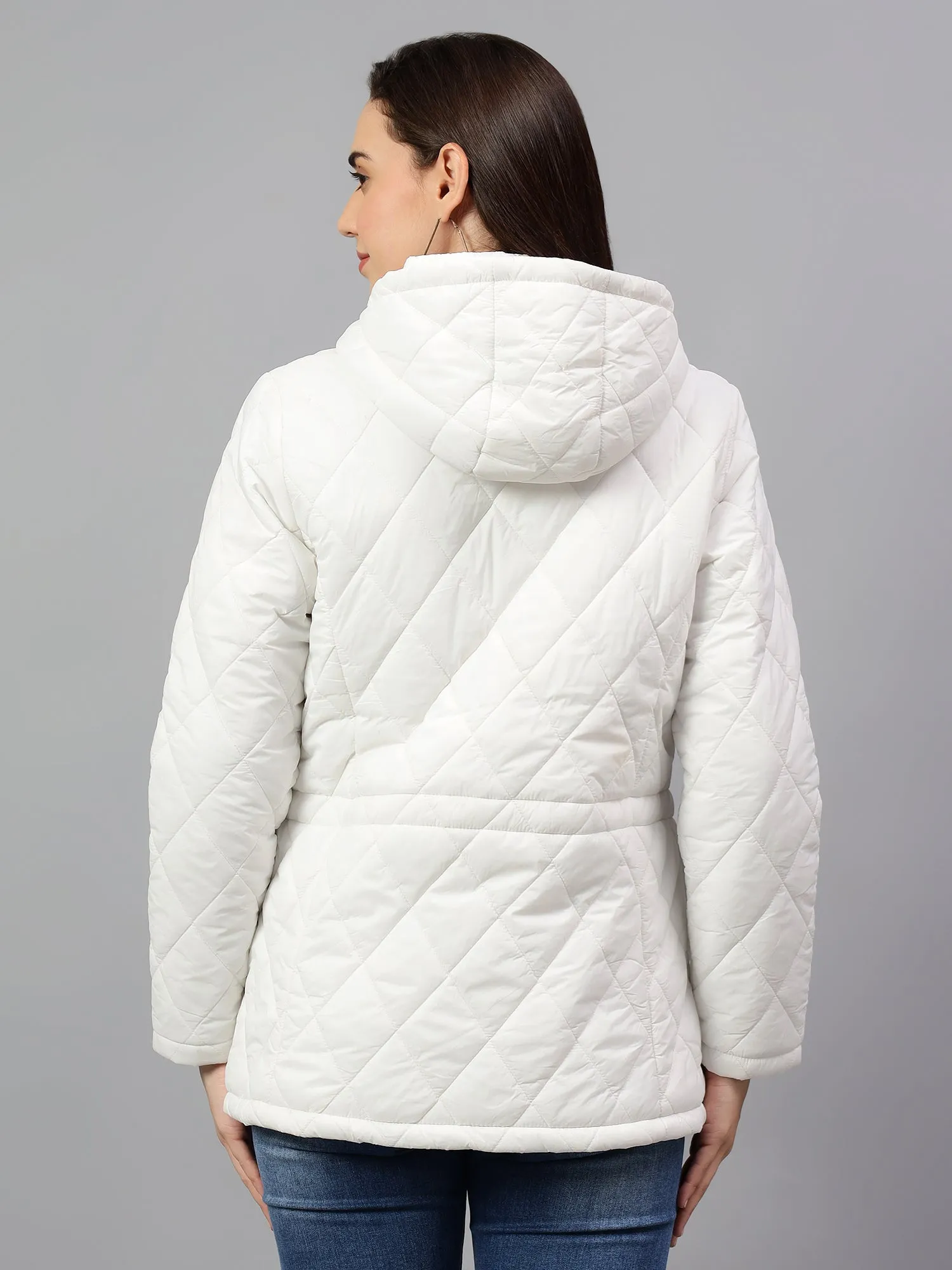 Women's Off White Solid Full Sleeves Winter Jacket